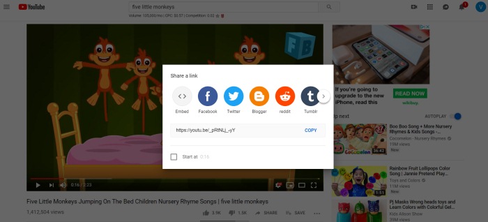 Copy the URL of YouTube Five Little Monkeys Video