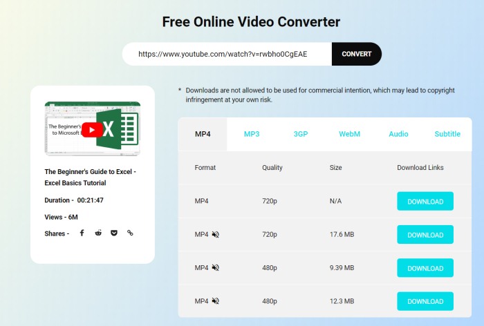Download Excel Video with Your Favorite Output Choice