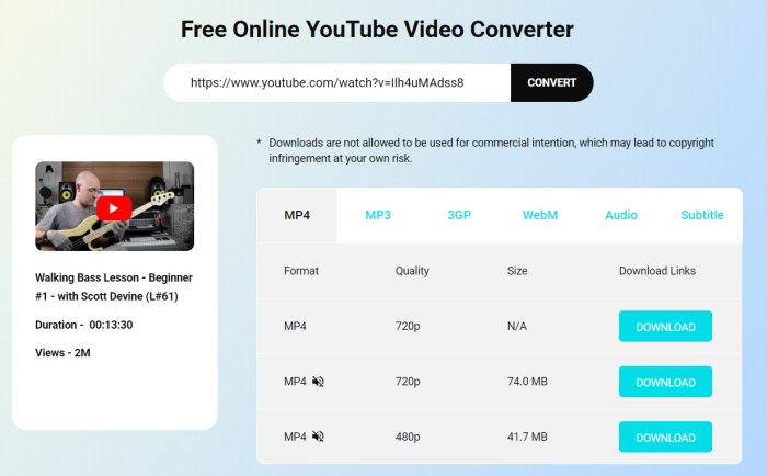 Download YouTube Bass Lesson with Your Favorite Output Choices