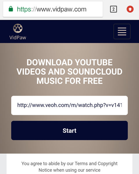 Paste Veoh Video Link On Vidpaw Android