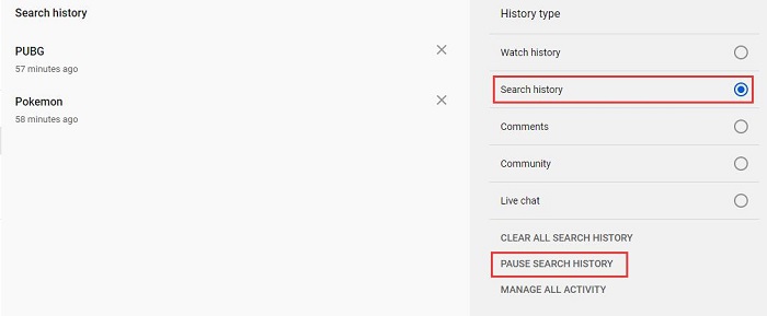 Pause YouTube Search History