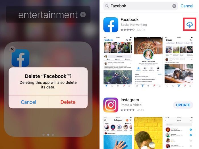 Reinstall Facebook on iPhone