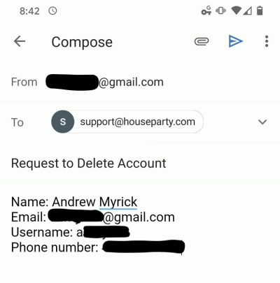 Send Email to Delete Houseparty Account