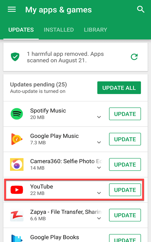 Update YouTube on Android