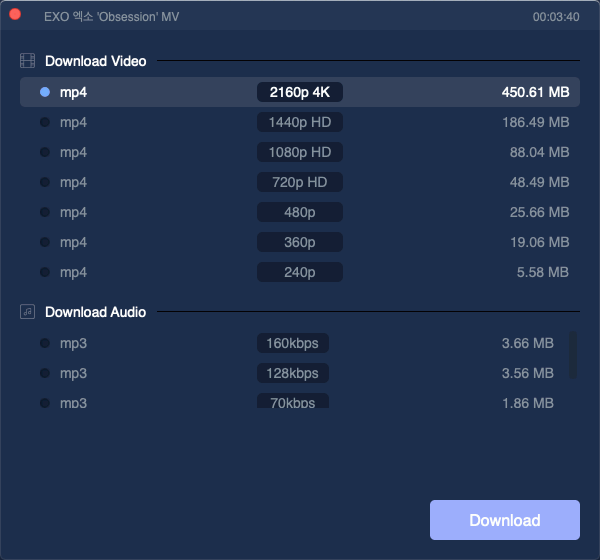 VideoHunter Downloader Select Formats