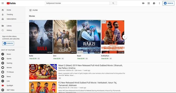Watch Bollywood Movies on YouTube