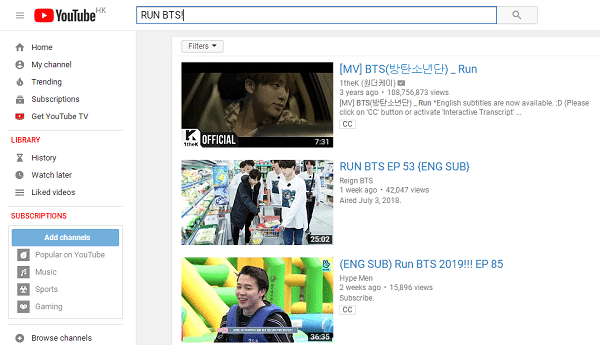 YouTube Run BTS