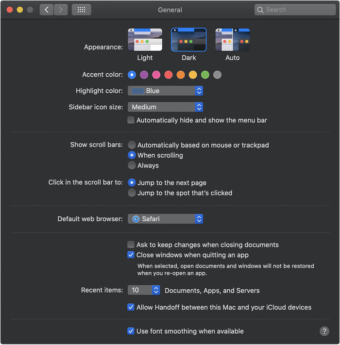 MacOS Catalina System Prefs General Dark Mode