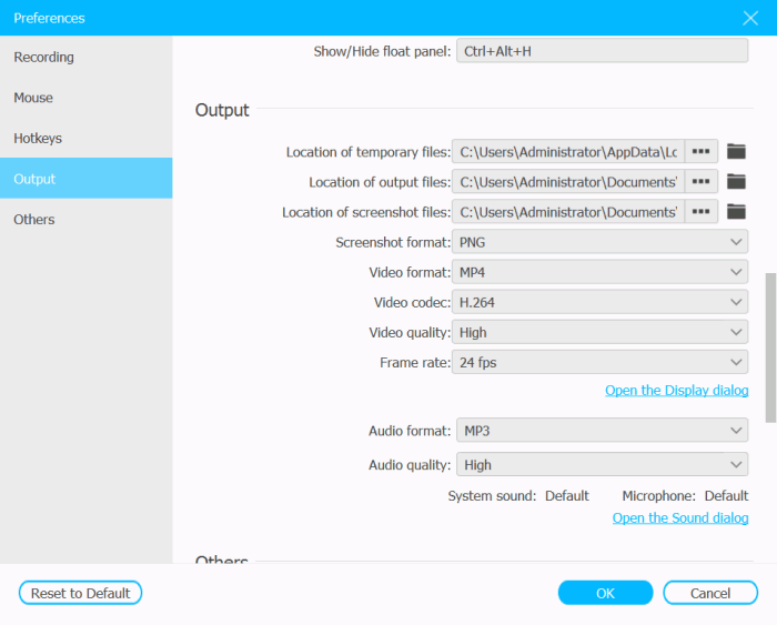 Preferences Output Settings