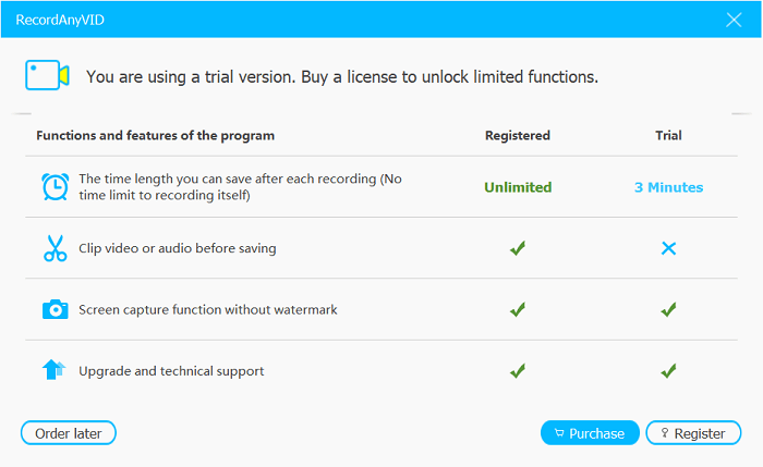 RecordAnyVid Free Tria VS Registered Version