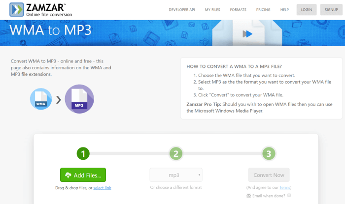 Zamzar WMA to MP3 Converter